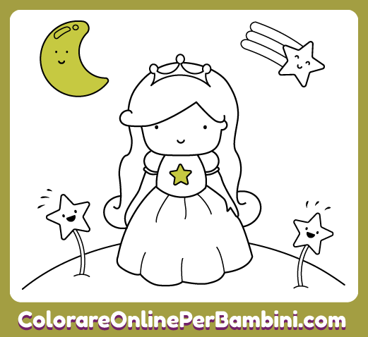 Pagine di Principesse da colorare online per bambine e bambini dai 2 ai 5 anni: Principessa con Stelle