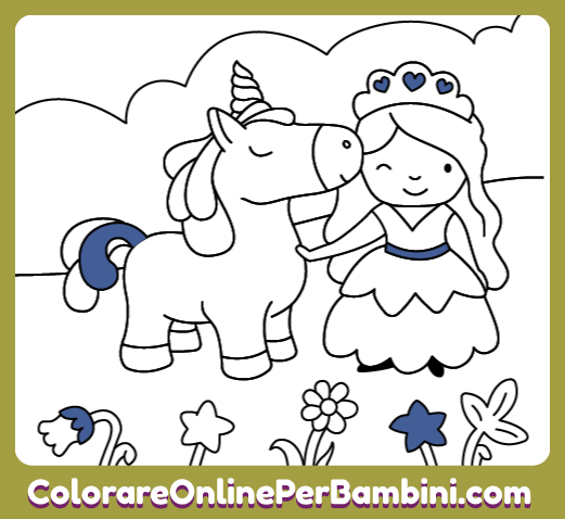 Illustrazioni di principesse da colorare online create per bambine e bambini piccoli: Principessa e Unicorno