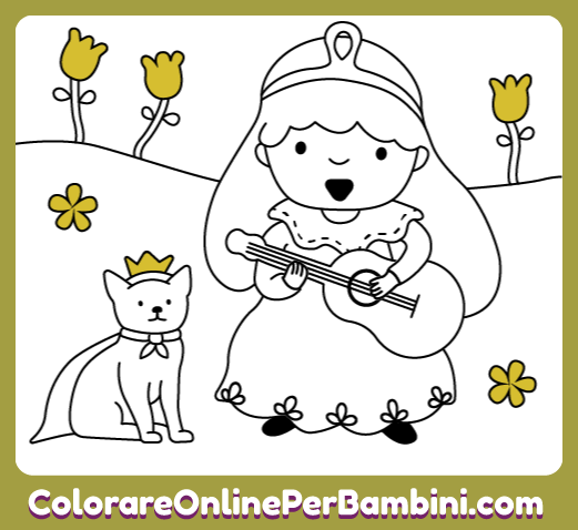 Disegni da colorare gratuiti con le migliori immagini per bambine e bambini piccoli: Principessa con Chitarra