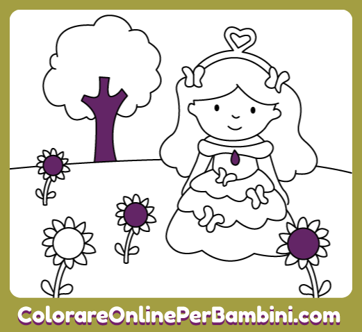 Disegni da colorare online per bambini e bambine dai 2 ai 5 anni per imparare i colori: Principessa con Farfalle